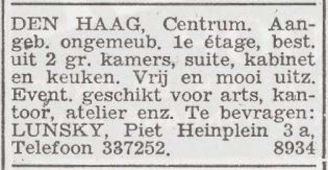 Advertentie 'te huur aangeboden' van Max Lunski