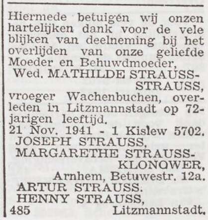 Dankbetuiging van de familie Strauss