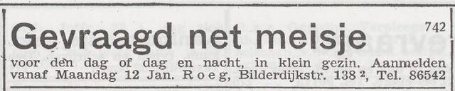 Advertentie 'personeel gevraagd' van het gezin David Roeg