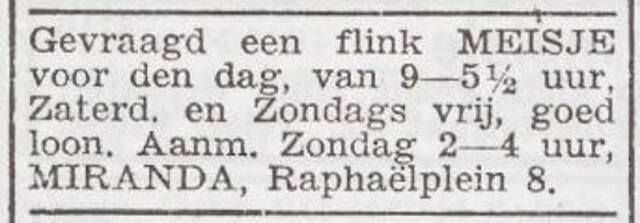 Advertentie 'personeel gevraagd' van het gezin De Miranda