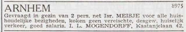 Advertentie 'personeel gevraagd' van het echtpaar Israël Mogendorff