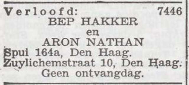 Bekendmaking van de verloving van Bep Hakker en Aron Nathan
