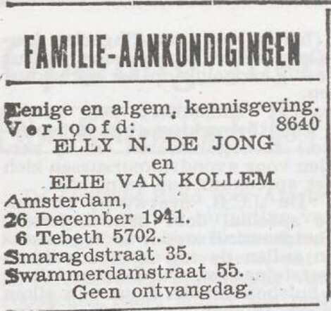 Aankondiging van de verloving van Elly Netty de Jong en Eleazar van Kollem