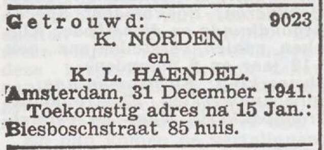Bekendmaking van het huwelijk van Karel Norden en Käthe Liselotte Haendel