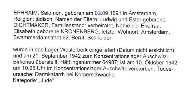 Aanvullende informatie van International Tracing Service (ITS) dd 10-08-2012 over Salomon Jacques Ephraim geboren 02-09-1891.