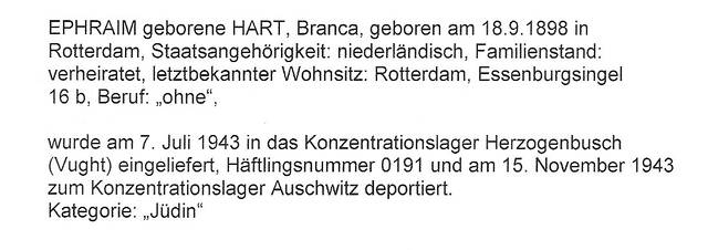 Aanvullende informatie van International Tracing Service (ITS) dd 15-08-2012 over Branca Hart geboren 18-9-1898