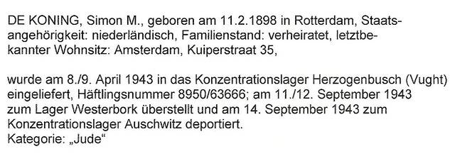 Aanvullende informatie van International Tracing Service (ITS) dd 17-08-2012 over Simon M de Koning