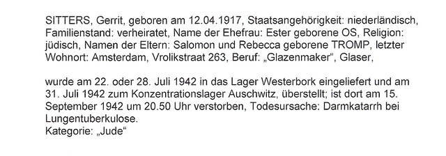 Aanvullende informatie van International Tracing Service (ITS) dd 21-08-2012 over Gerrit Sitters geboren 12-04-1917