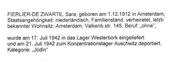 Aanvullende informatie van International Tracing Service (ITS) dd 21-08-2012 over Sara Fierlier-de Zwart geboren 01-12-1912