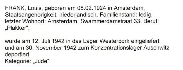 Aanvullende informatie van International Tracing Service (ITS) dd 27-07-2012 over Louis Frank geboren 08-02-1924
