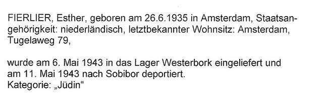 Aanvullende informatie van International Tracing Service (ITS) dd 3-08-2012 over Esther Fierlier geboren 26-06-1935