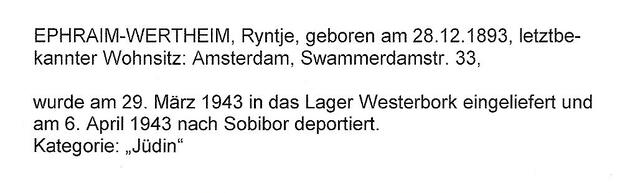 Aanvullende informatie van International Tracing Service (ITS) dd 9-08-2012 over Reintje Wertheim geboren 28-12-1893