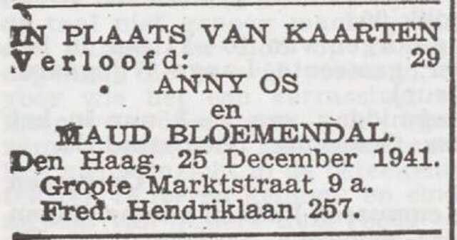 Bekendmaking van de verloving van Anna Os en Maurits Bloemendal