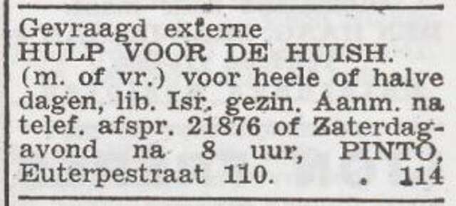 Advertentie 'personeel gevraagd' van Jacoba Pinto-Polak