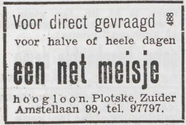 Advertentie 'personeel gevraagd' van Salomon Plotske