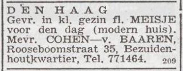 Advertentie 'personeel gevraagd' van Martha Cohen-van Baaren