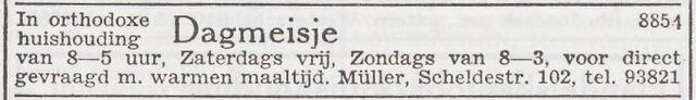Advertentie 'personeel gevraagd' van het gezin Aron Müller