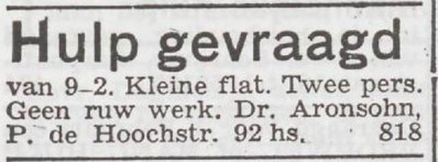 Advertentie 'personeel gevraagd' van dr. Johanna Aronsohn