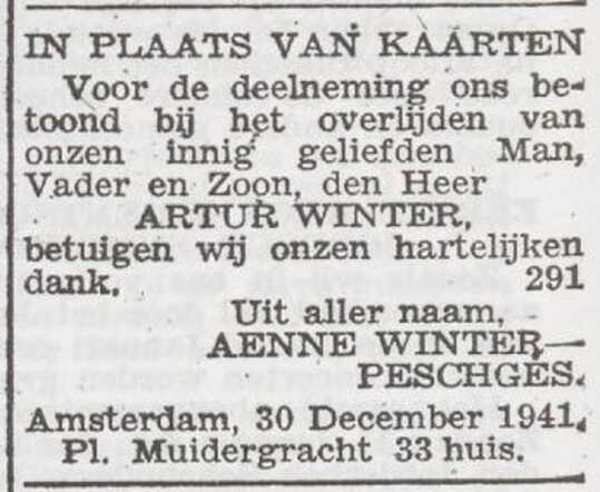 Dankbetuiging van de familie Winter