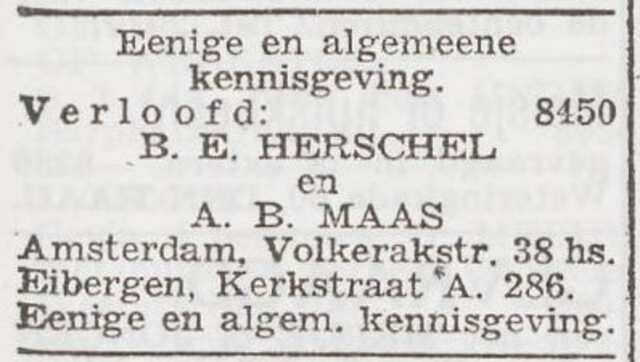Bekendmaking van de verloving van Betsy Estella Herschel en Abraham Bernard Maas