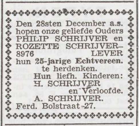 Viering van het 25-jarig huwelijk van Philip Schrijver en Rozette Schrijver-Lever