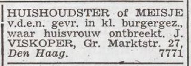 Advertentie 'personeel gevraagd' van Jacob Viskoper