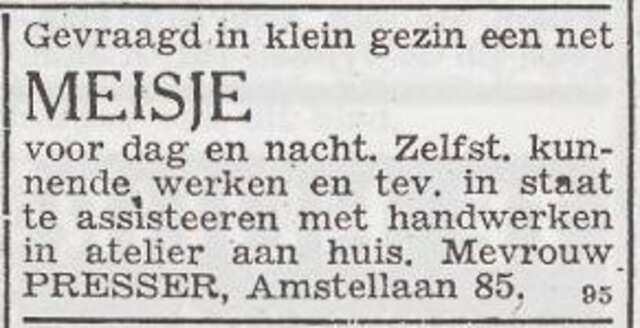 Advertentie 'personeel gevraagd' van Naatje Presser-Peperwortel
