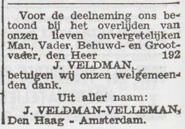 Dankbetuiting van de familie Veldman