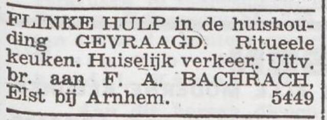 Advertentie 'personeel gevraagd' van het gezin Felix Bachrach