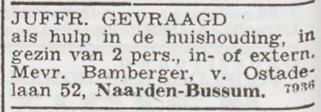 Advertentie 'personeel gevraagd' van Clara Bamberger-Batavier
