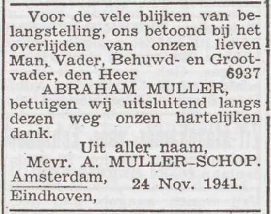 Dankbetuiging van Anna Muller-Schop