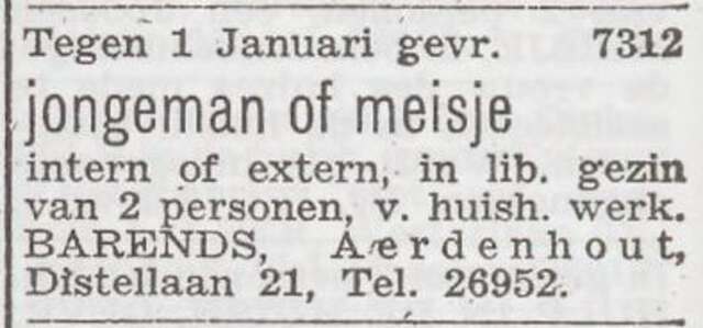 Advertentie 'personeel gevraagd' van het echtpaar Samuel en Mathilda Barends