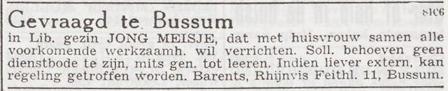 Advertentie 'personeel gevraagd' van het gezin David Barents