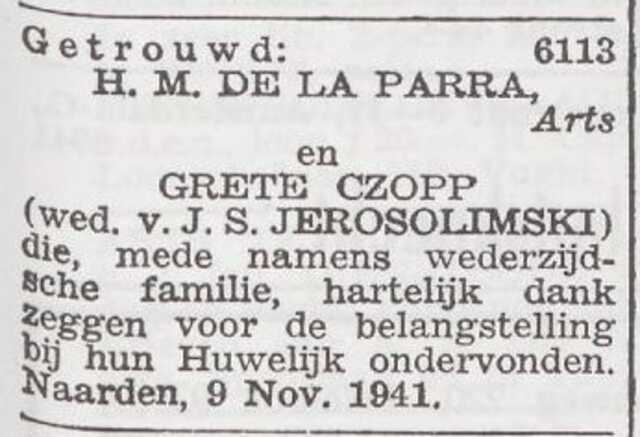 Dankbetuiging van het echtpaar De la Parra
