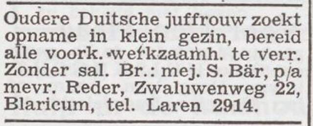 Advertentie 'personeel aangeboden' van Sofie Bär