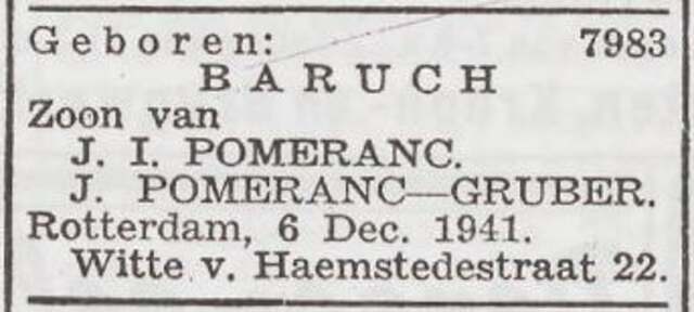 Bekendmaking van de geboorte van Baruch Pomeranc