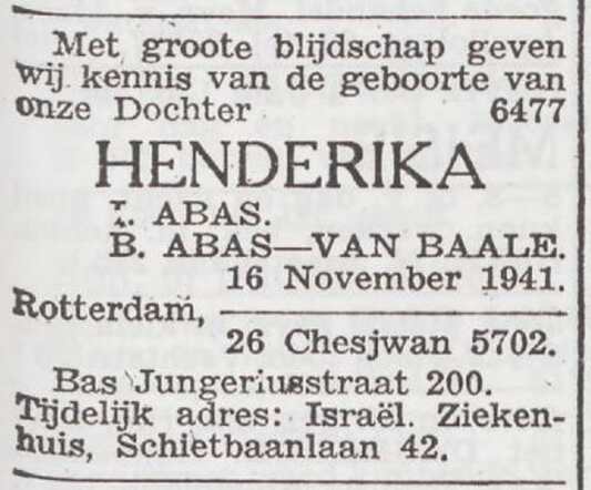 Bekendmaking van de geboorte van Henderika Abas