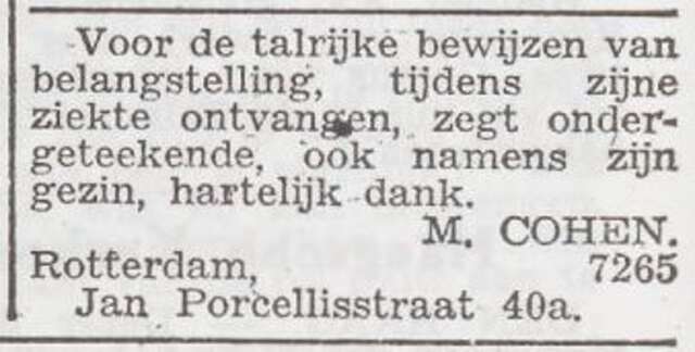 Dankbetuiging van rabbijn Marcus Cohen en zijn gezin