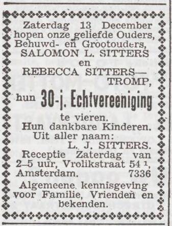 Viering van het 30-jarige huwelijksfeest van Salomon Sitters en Rebecca Sitters-Tromp