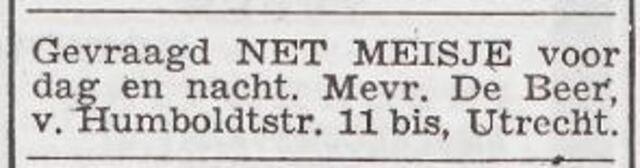 Advertentie 'personeel gevraagd' van het gezin Daniël de Beer