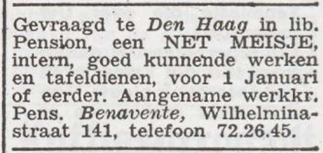 Advertentie 'personeel gevraagd' van pension Benavente