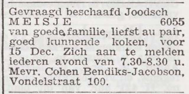 Advertentie 'personeel gevraagd' van Mirjam Cohen Bendiks-Jacobson