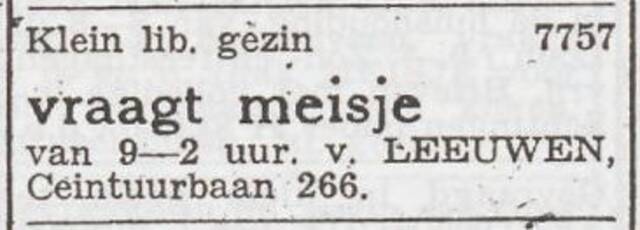 Advertentie 'personeel gevraagd' van het gezin Abraham van Leeuwen