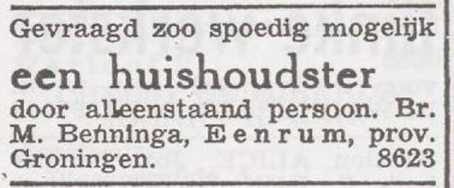 Advertentie 'personeel gevraagd' van Mozes Benninga