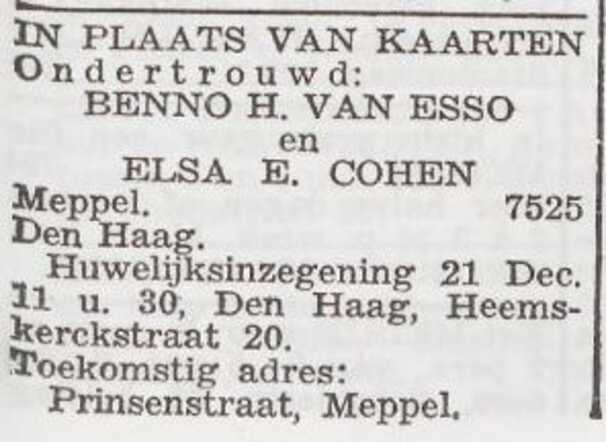 Bekendmaking van het huwelijk van Benno van Esso en Elsa Cohen