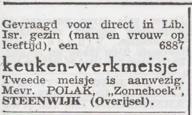Advertentie 'personeel gevraagd' van Helene Polak-Franken