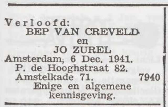 Bekendmaking van de verloving van Betsy Henriette van Creveld en Jo Zurel