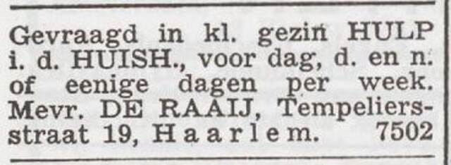 Advertentie 'personeel gevraagd' van Berendina Helena de Raaij-Cohen