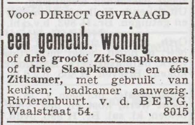 Advertentie 'te huur gevraagd' van Joseph van den Berg