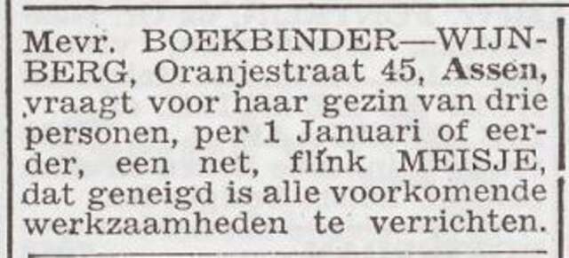 Advertentie 'personeel gevraagd' van Betje Boekbinder-Wijnberg